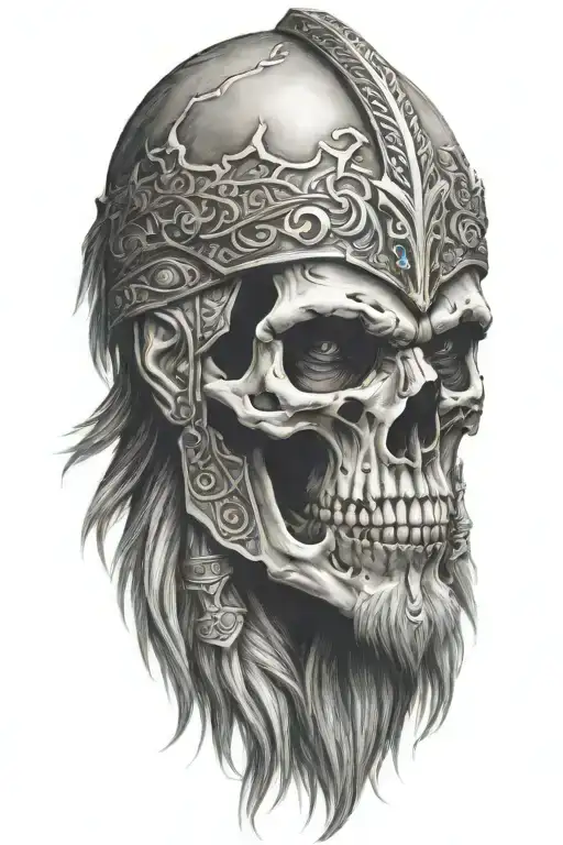 warrior Norse skull face, beard side profile tattoo design idea