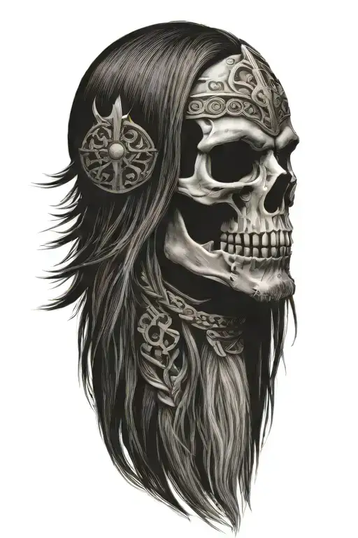 old norse warrior skull, long hair, beard, side profile  tattoo design idea