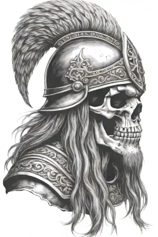 old norse warrior skull, helmet, long hair, beard, side profile  tattoo design idea