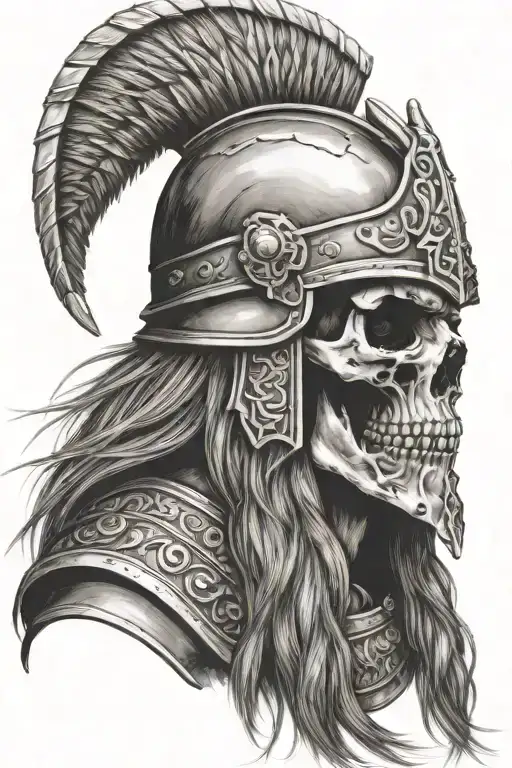 old norse warrior skull, wearing Norse helmet, long hair, beard, side profile  tattoo design idea