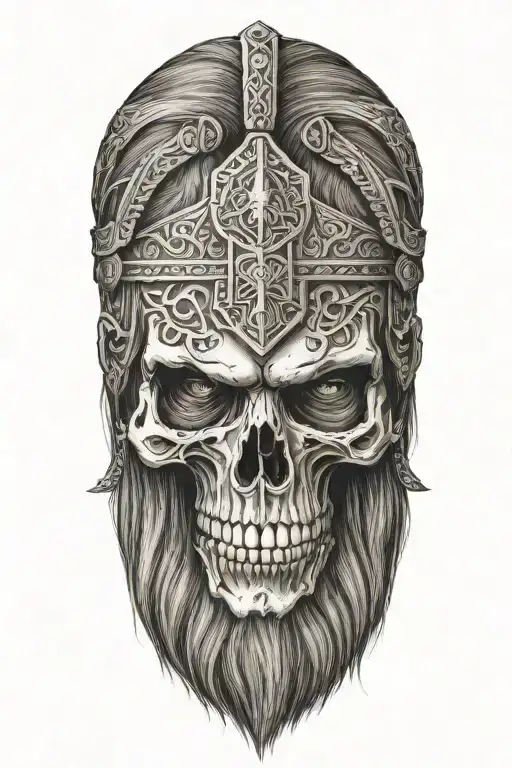 old norse warrior skull, long hair, beard tattoo design idea