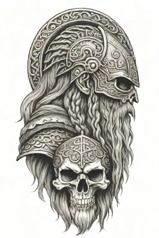Norsemen Viking warrior skull, side profile, with long braided hair and long beard holding a shield containing Yggdrasil tattoo design idea