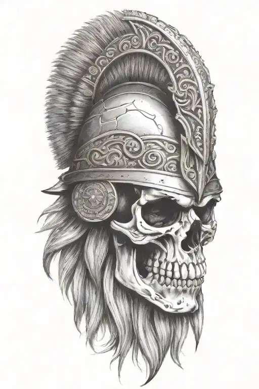 old norse warrior skull, wearing helmet, long hair, beard, side profile  tattoo design idea