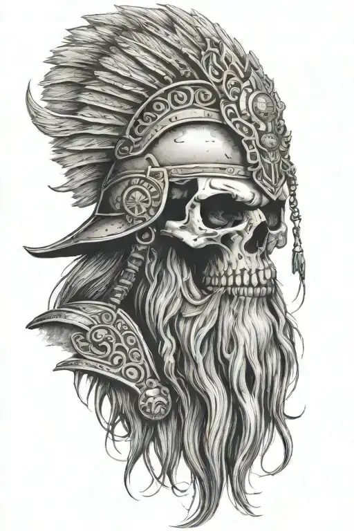 old norse warrior skull, wearing helmet, long hair, beard, side profile  tattoo design idea