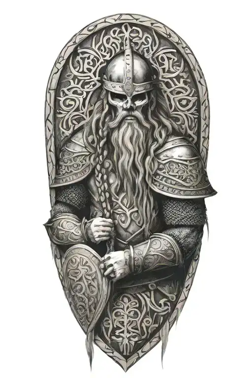 Norsemen warrior Viking skull with beard and long braided hair, wearing a Viking style helmet, holding a shield containi tattoo design idea