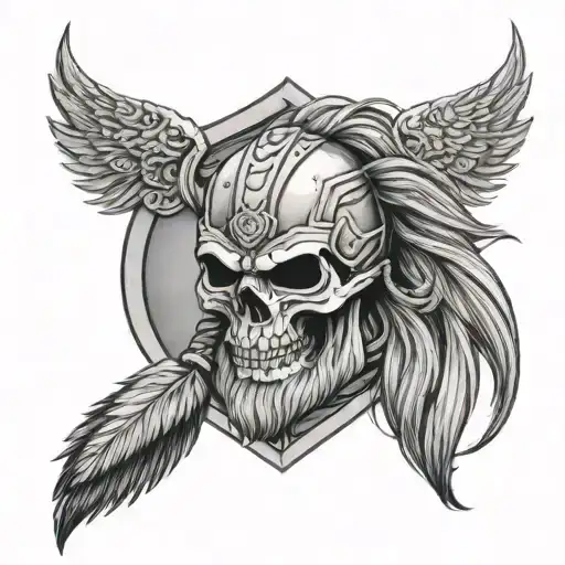 Viking skull, beard, Long braided hair holding shield with faded Raven in the background   tattoo design idea