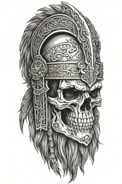 old norse warrior skull, wearing helmet, long hair, beard, side profile  tattoo design idea
