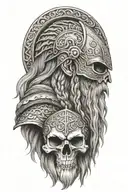 Norsemen Viking warrior skull, side profile, with long braided hair and long beard holding a shield containing Yggdrasil tattoo design idea