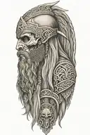 Norsemen Viking warrior skull, side profile, with long braided hair and long beard holding a shield containing Yggdrasil tattoo design idea