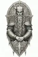 Norsemen warrior Viking skull with beard and long braided hair, wearing a Viking style helmet, holding a shield containi tattoo design idea