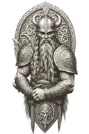 Norsemen warrior Viking skull with beard and long braided hair, wearing a Viking style helmet, holding a shield containi tattoo design idea