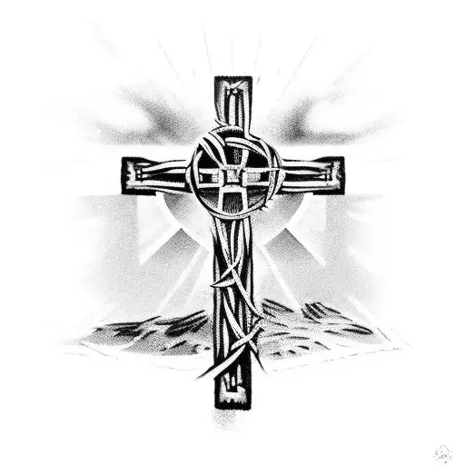 A cross made of guns and roses intertwined with barbed wire tattoo design idea