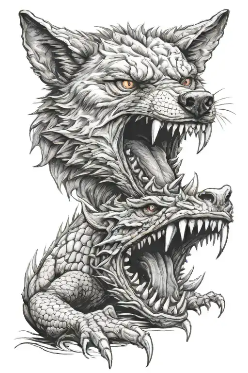 A wolf crawling out of a dragons mouth open tattoo design idea