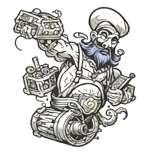 A genie coming out of a bottle while holding two boxes on either side of him tattoo design idea