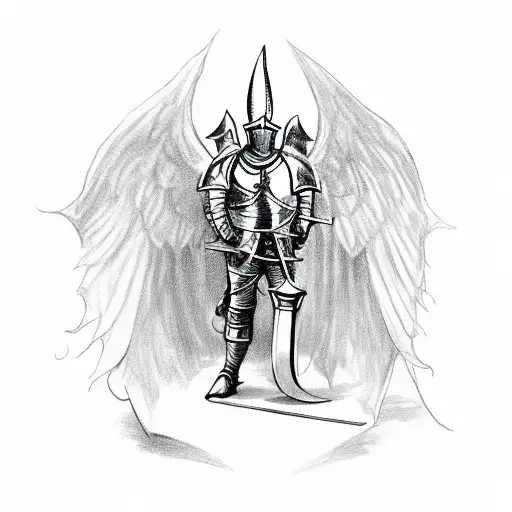 a medieval knight with demon wings down on one of his knees while driving a longsword into the ground. tattoo design idea