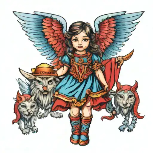 little girl with red warrior and blue angel   tattoo design idea
