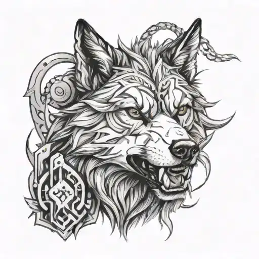 Portrait head on of Fenrir fierce in a realistic black-grey style with construction equipment intertwined in the design tattoo design idea