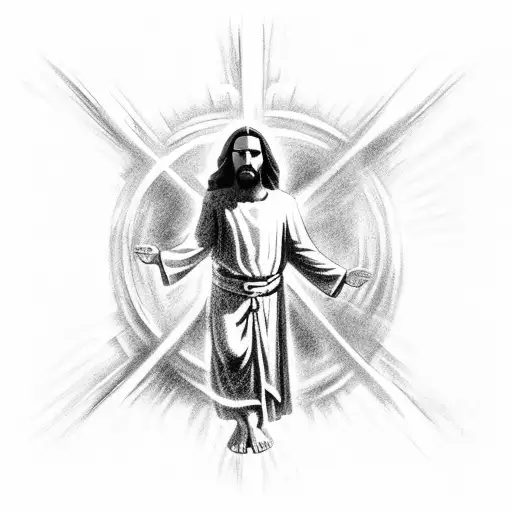 A powerful image of Jesus engaged in a spiritual battle, surrounded by swirling clouds of prayer, with a cross as the focal point. tattoo design idea