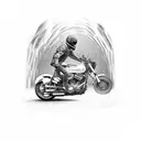 A motorcycle speeding through a dark cave, representing the thrill of the ride and the unknown tattoo design idea