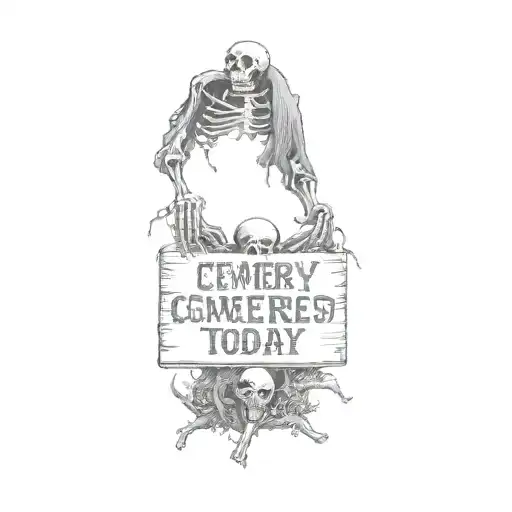 a skeleton holding a sign that reads cemetery closed no one dies today tattoo design idea
