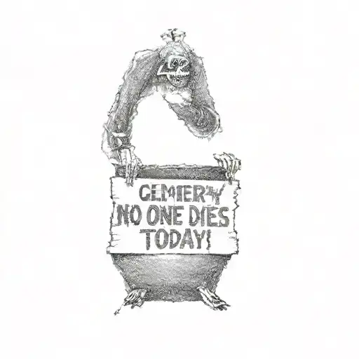 a skeleton holding a sign that reads cemetery closed no one dies today tattoo design idea