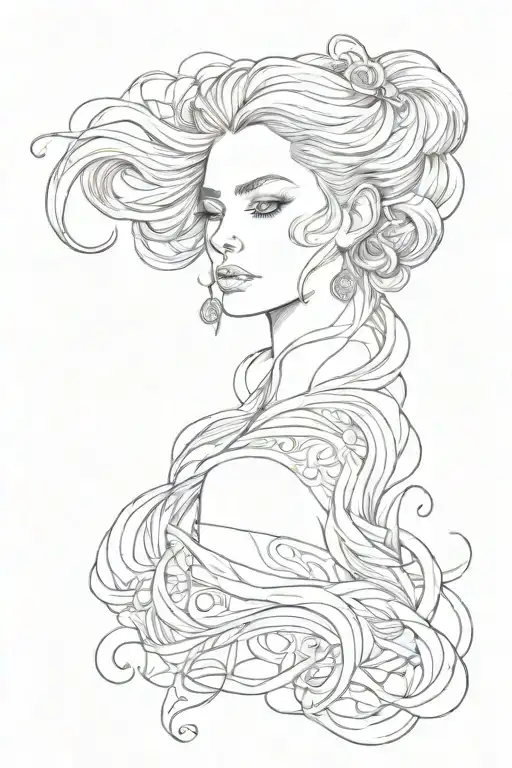 white and black lady head with long hair tattoo design idea