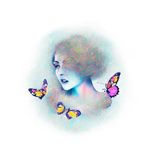 A woman with a lump in her throat surrounded by a swirling cloud of butterflies tattoo design idea