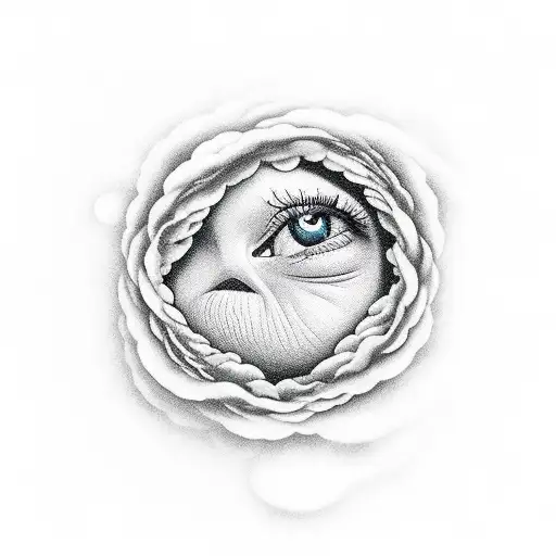 A woman with a lump in her throat surrounded by a swirling cloud of butterflies tattoo design idea