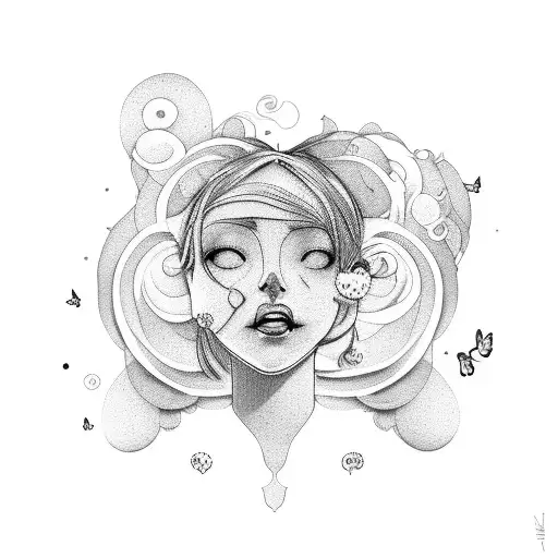 A woman with a lump in her throat surrounded by a swirling cloud of butterflies tattoo design idea