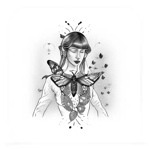 A woman with a delicate butterfly emerging from her throat tattoo design idea