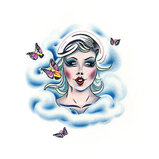 A woman with a lump in her throat surrounded by a swirling cloud of butterflies tattoo design idea