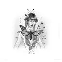 A woman with a delicate butterfly emerging from her throat tattoo design idea
