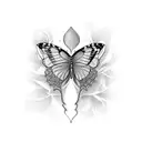 A woman with a delicate butterfly emerging from her throat tattoo design idea