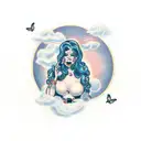 A woman with a lump in her throat surrounded by a swirling cloud of butterflies tattoo design idea