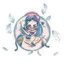 A woman with a lump in her throat surrounded by a swirling cloud of butterflies tattoo design idea