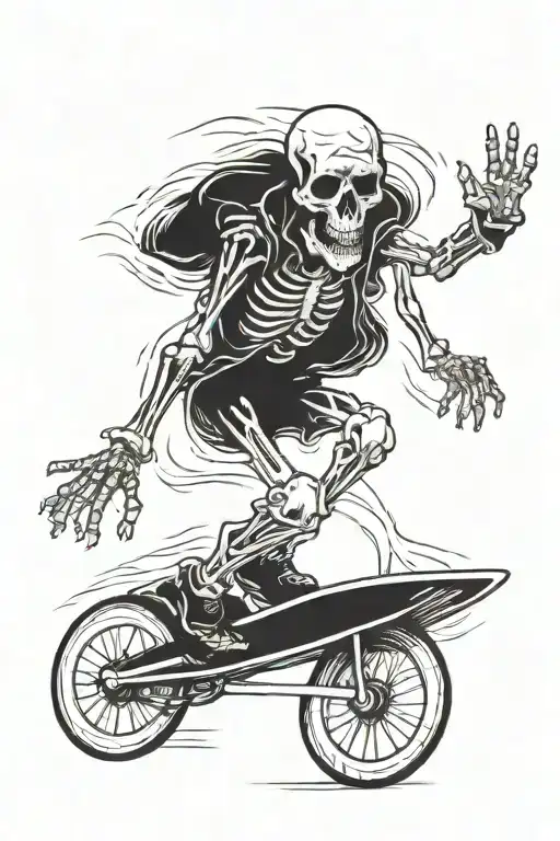 skeleton riding a longboard, the skeleton should be spinning a basketball on one finger of one hand tattoo design idea