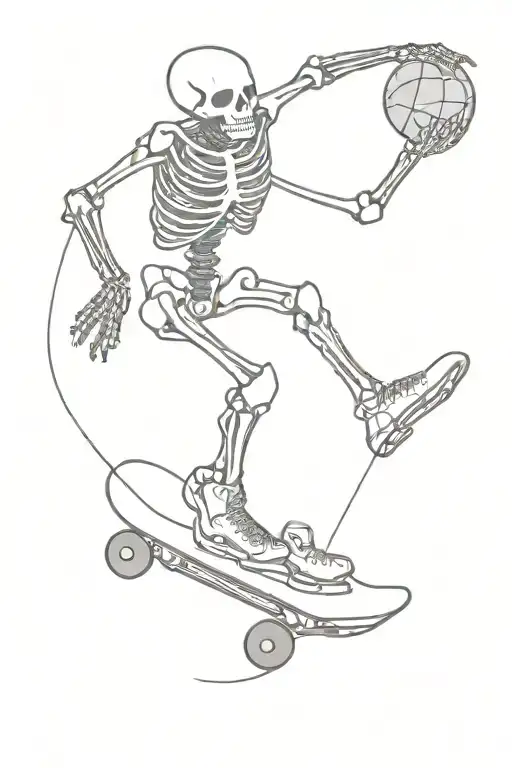 skeleton riding a Skate, the skeleton should be Spinning a Basketball on one finger of one hand tattoo design idea