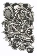 skeleton riding a Skate, the skeleton should be spinning a Basketball on one finger of one hand tattoo design idea