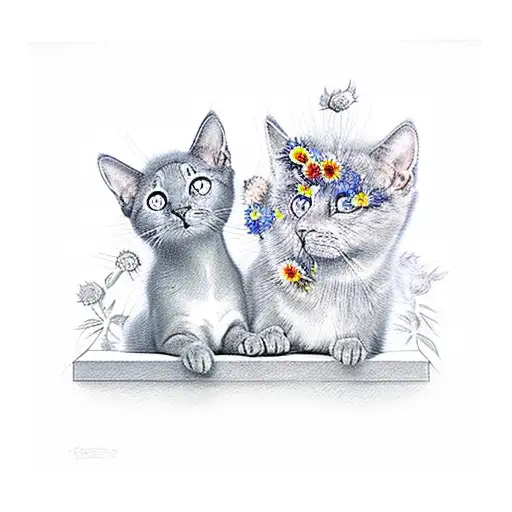two Russian blue cat cuddling on a window sill looking out of the window watching a field of sunflowers  tattoo design idea