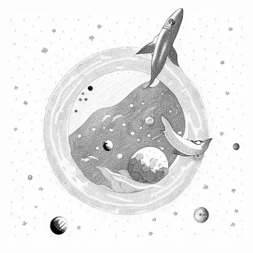 astronaut floating in space with a dolphin while the planets are bouncing between them tattoo design idea