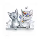 two Russian blue cat cuddling on a window sill looking out of the window watching a field of sunflowers  tattoo design idea