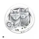 two Russian blue cat cuddling on a window sill looking out of the window watching a field of sunflowers  tattoo design idea