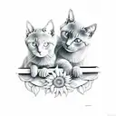 two Russian blue cat cuddling on a window sill looking out of the window watching a field of sunflowers  tattoo design idea