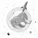 astronaut floating in space with a dolphin while the planets are bouncing between them tattoo design idea