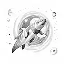 astronaut floating in space with a dolphin while the planets are bouncing between them tattoo design idea