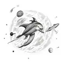 astronaut floating in space with a dolphin while the planets are bouncing between them tattoo design idea