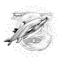 astronaut floating in space with a dolphin while the planets are bouncing between them tattoo design idea