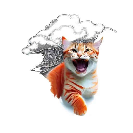 an orange cat roaring, with clouds, lightning and storm behind him tattoo design idea