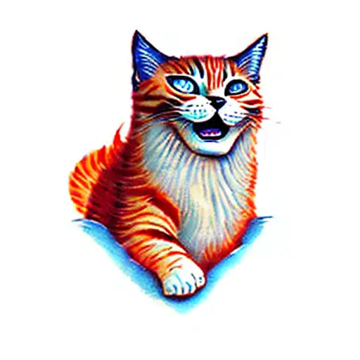 bust of an orange cat roaring like a leon, rainy background tattoo design idea