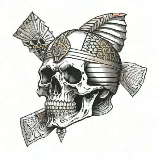 skull of a pharaoh looking upward with pyramid on the background  tattoo design idea